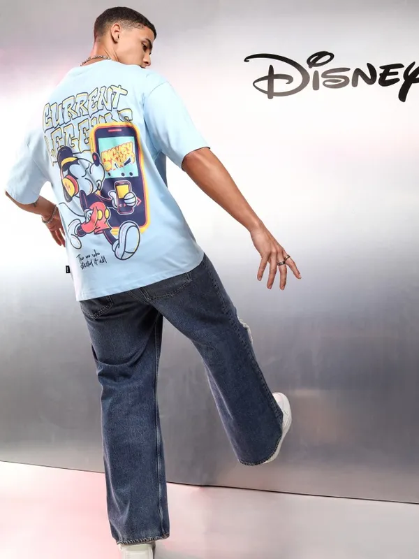 Disney By Highlander Men Blue Mickey Mouse Printed Round Neck Oversized Fit T-Shirt