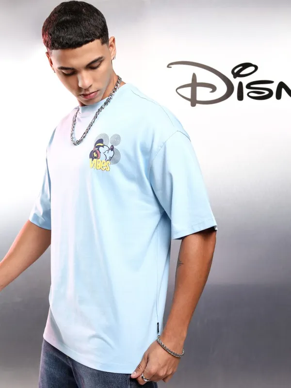 Disney By Highlander Men Blue Mickey Mouse Printed Round Neck Oversized Fit T-Shirt