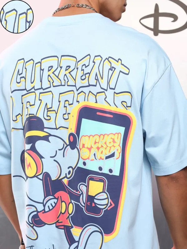 Disney By Highlander Men Blue Mickey Mouse Printed Round Neck Oversized Fit T-Shirt