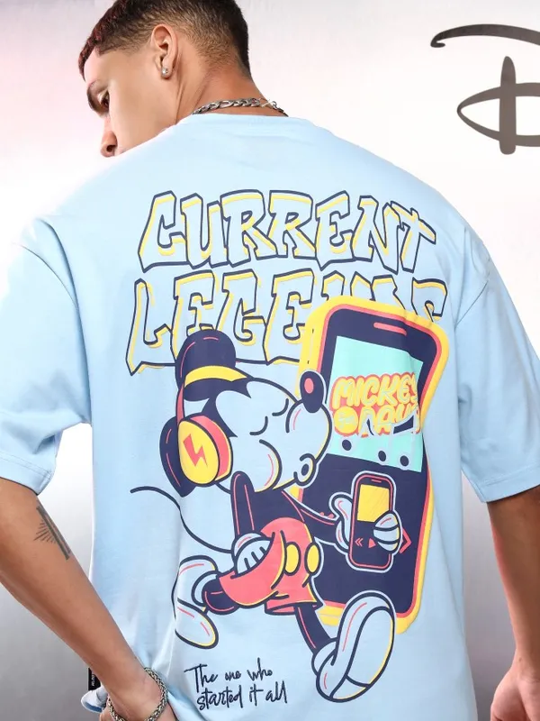 Disney By Highlander Men Blue Mickey Mouse Printed Round Neck Oversized Fit T-Shirt