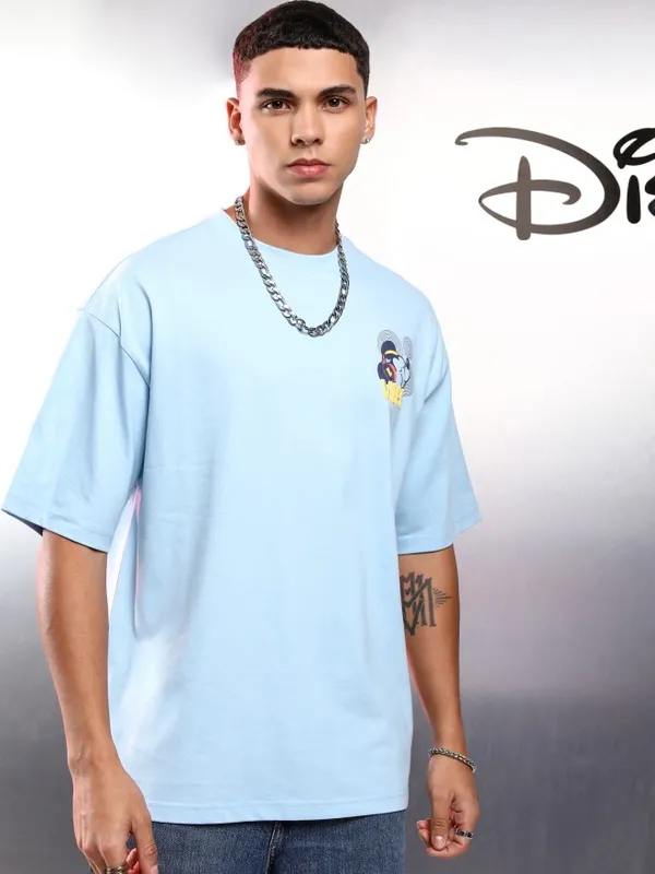 Disney By Highlander Men Blue Mickey Mouse Printed Round Neck Oversized Fit T-Shirt