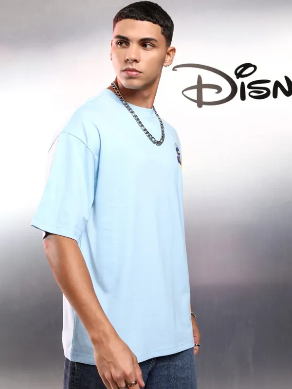 Disney By Highlander Men Blue Mickey Mouse Printed Round Neck Oversized Fit T-Shirt