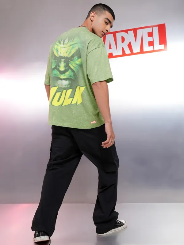 Marvel By Highlander Men Green Hulk Printed Oversized Fit T-Shirt