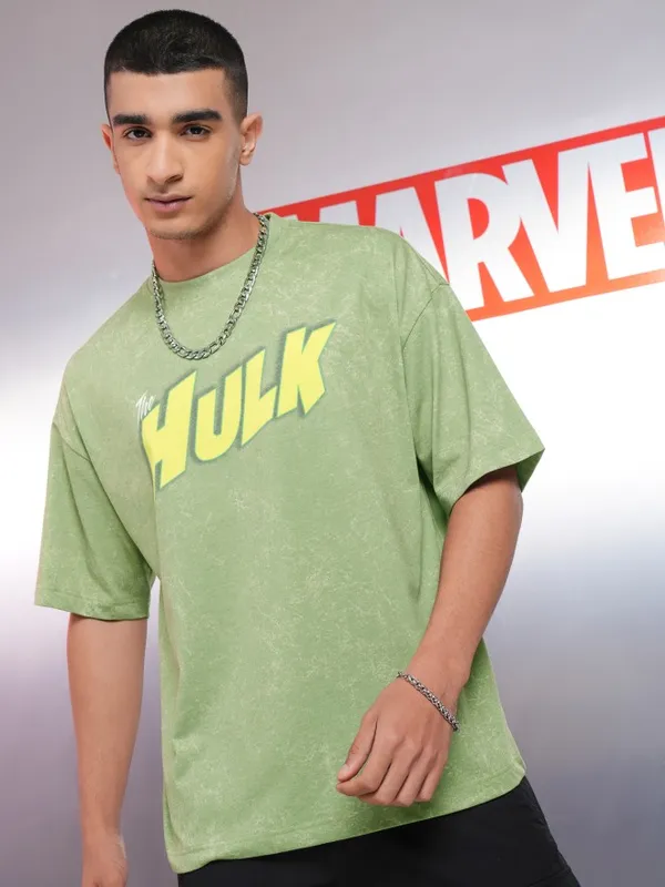 Marvel By Highlander Men Green Hulk Printed Oversized Fit T-Shirt