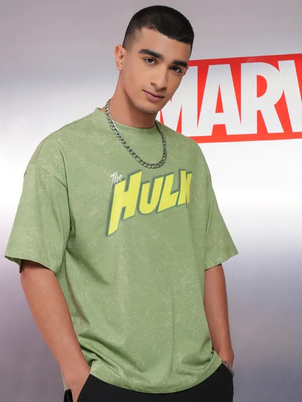 Marvel By Highlander Men Green Hulk Printed Oversized Fit T-Shirt