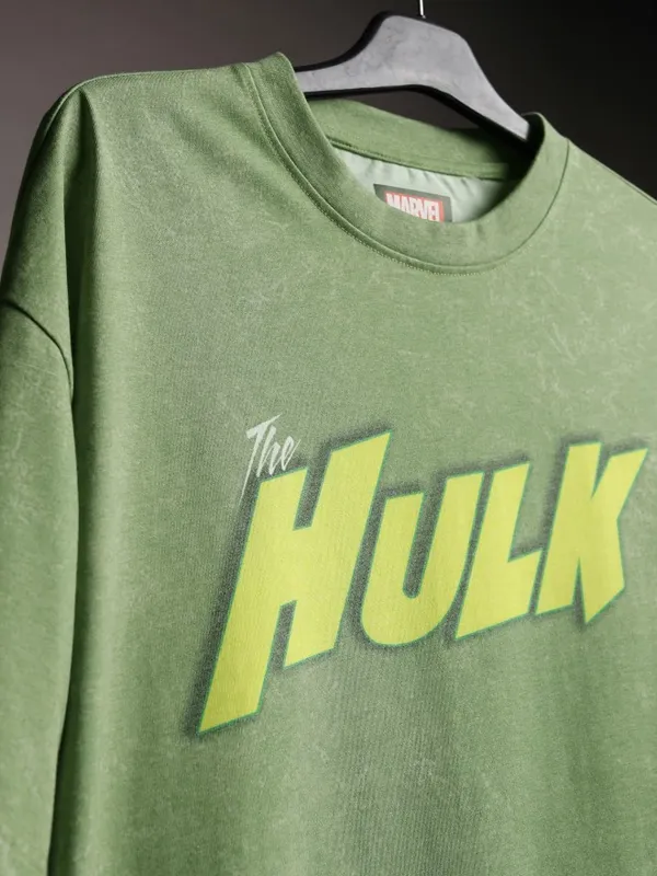 Marvel By Highlander Men Green Hulk Printed Oversized Fit T-Shirt