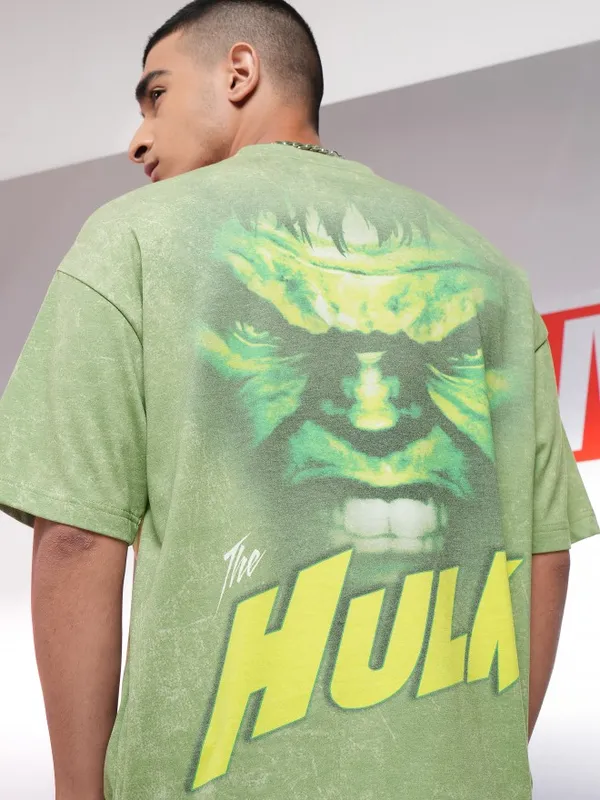 Marvel By Highlander Men Green Hulk Printed Round Neck Oversized Fit T-Shirt
