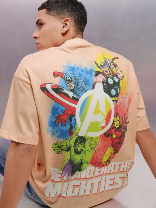 Marvel By Highlander Men Pink Avengers Printed Round Neck Oversized Fit T-Shirt