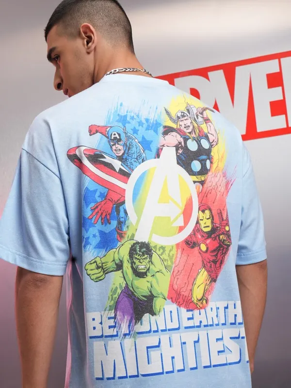 Marvel By Highlander Men Blue Avengers Printed Oversized Fit T-Shirt