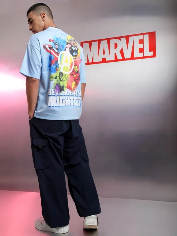 Marvel By Highlander Men Blue Avengers Printed Oversized Fit T-Shirt