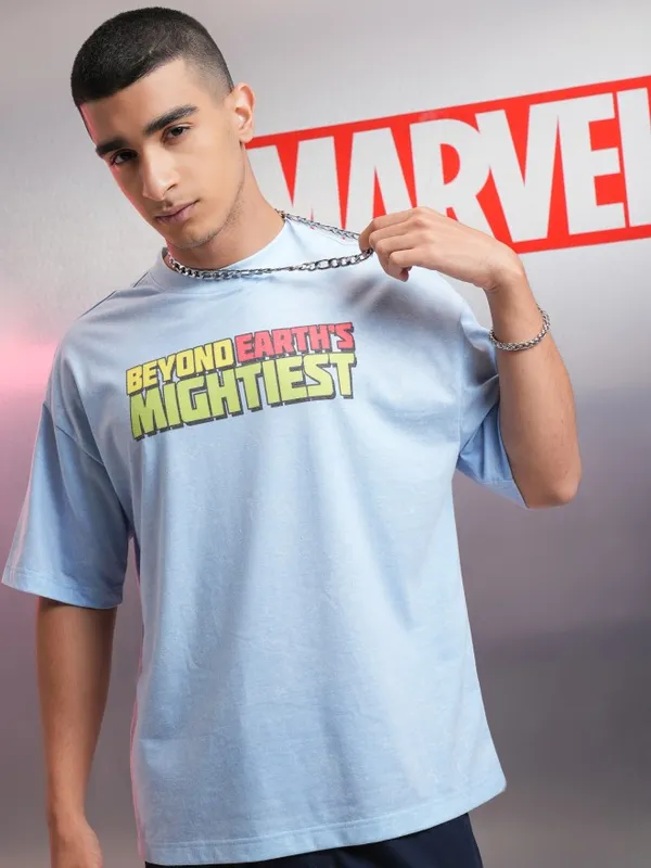 Marvel By Highlander Men Blue Avengers Printed Oversized Fit T-Shirt