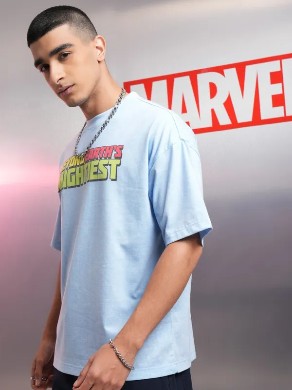 Marvel By Highlander Men Blue Avengers Printed Oversized Fit T-Shirt