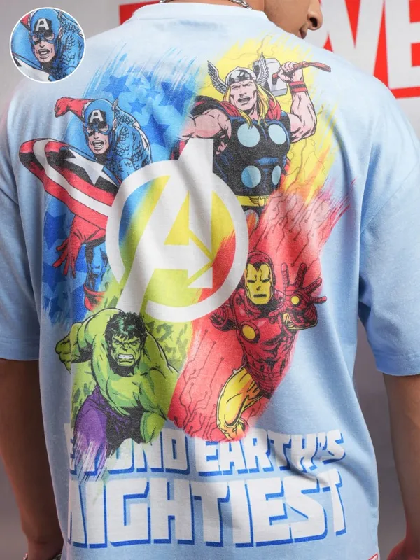 Marvel By Highlander Men Blue Avengers Printed Oversized Fit T-Shirt