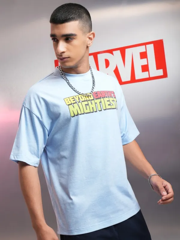 Marvel By Highlander Men Blue Avengers Printed Oversized Fit T-Shirt
