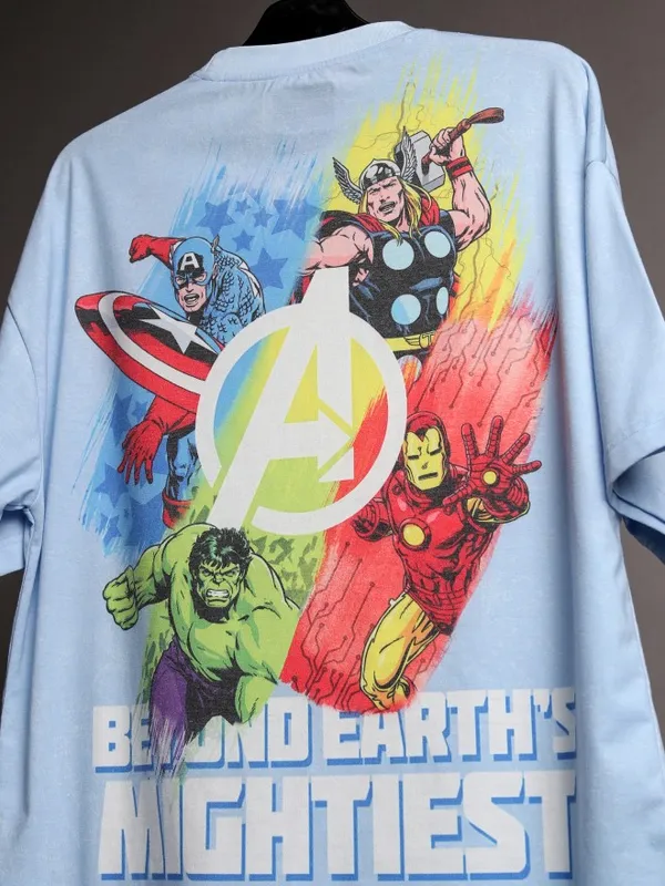 Marvel By Highlander Men Blue Avengers Printed Oversized Fit T-Shirt