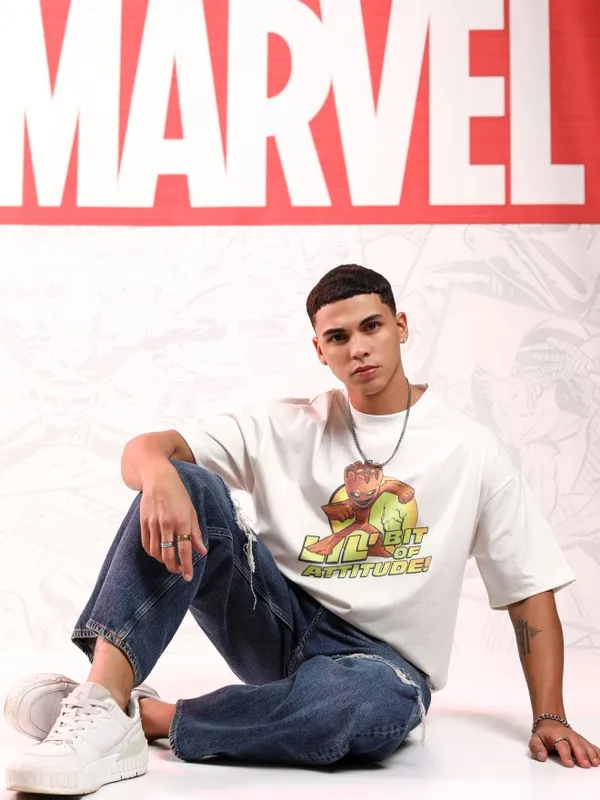 Marvel By Highlander Men White Groot Printed Round Neck Oversized Fit T-Shirt