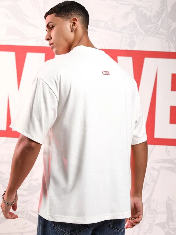 Marvel By Highlander Men White Groot Printed Round Neck Oversized Fit T-Shirt