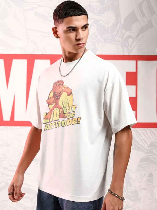 Marvel By Highlander Men White Groot Printed Round Neck Oversized Fit T-Shirt