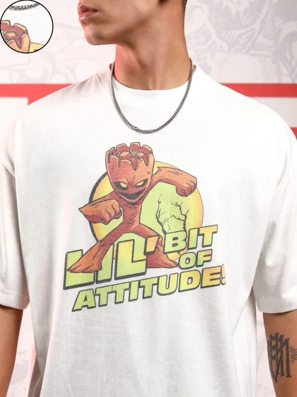 Marvel By Highlander Men White Groot Printed Round Neck Oversized Fit T-Shirt