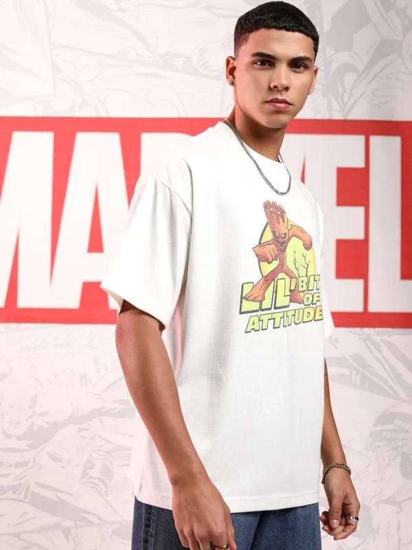 Marvel By Highlander Men White Groot Printed Round Neck Oversized Fit T-Shirt