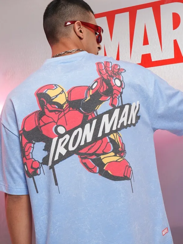 Marvel By Highlander Men Blue Iron Man Printed Oversized Fit T-Shirt