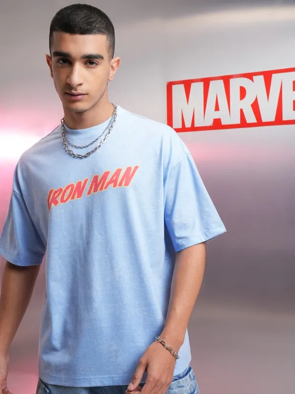 Marvel By Highlander Men Blue Iron Man Printed Oversized Fit T-Shirt