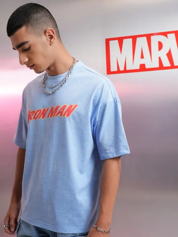 Marvel By Highlander Men Blue Iron Man Printed Oversized Fit T-Shirt