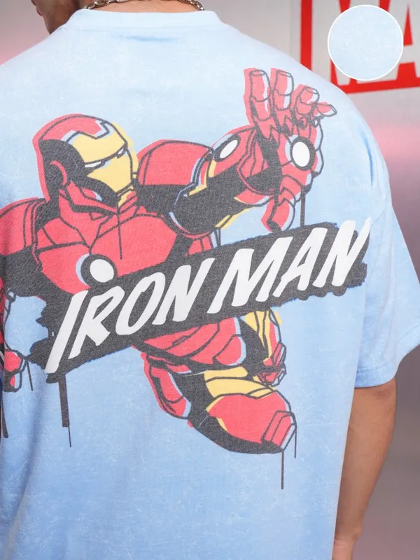 Marvel By Highlander Men Blue Iron Man Printed Oversized Fit T-Shirt
