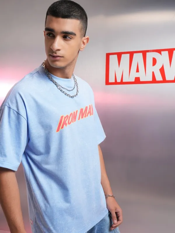 Marvel By Highlander Men Blue Iron Man Printed Oversized Fit T-Shirt