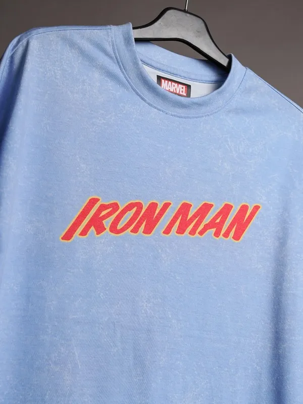 Marvel By Highlander Men Blue Iron Man Printed Oversized Fit T-Shirt