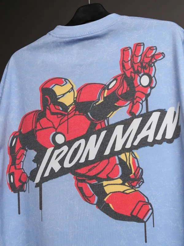 Marvel By Highlander Men Blue Iron Man Printed Oversized Fit T-Shirt