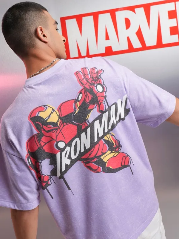 Marvel By Highlander Men Violet Iron Man Printed Round Neck Oversized Fit T-Shirt