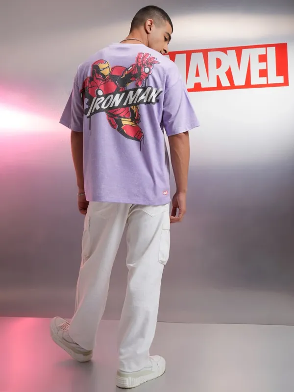 Marvel By Highlander Men Violet Iron Man Printed Round Neck Oversized Fit T-Shirt