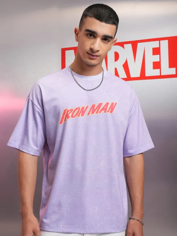 Marvel By Highlander Men Violet Iron Man Printed Round Neck Oversized Fit T-Shirt