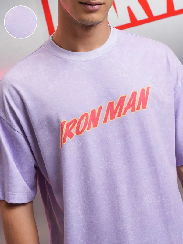 Marvel By Highlander Men Violet Iron Man Printed Round Neck Oversized Fit T-Shirt