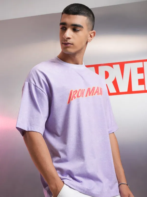 Marvel By Highlander Men Violet Iron Man Printed Round Neck Oversized Fit T-Shirt