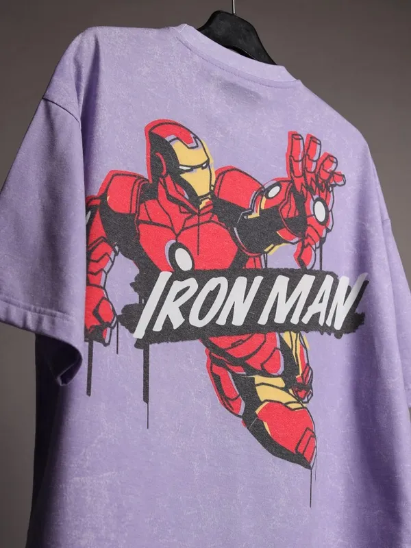 Marvel By Highlander Men Violet Iron Man Printed Oversized Fit T-Shirt