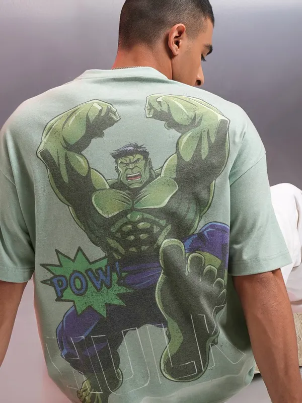 Marvel By Highlander Men Green Hulk Printed Oversized Fit T-Shirt