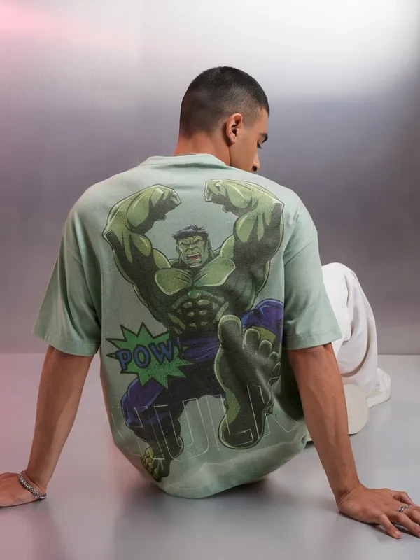 Marvel By Highlander Men Green Hulk Printed Oversized Fit T-Shirt