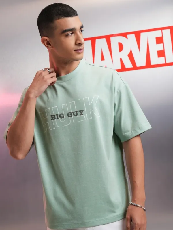 Marvel By Highlander Men Green Hulk Printed Oversized Fit T-Shirt