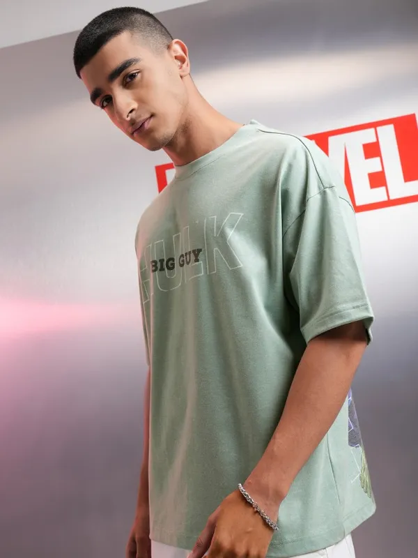 Marvel By Highlander Men Green Hulk Printed Oversized Fit T-Shirt