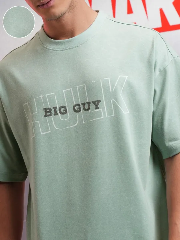 Marvel By Highlander Men Green Hulk Printed Oversized Fit T-Shirt