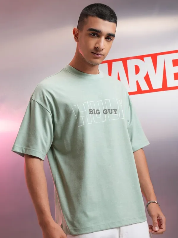 Marvel By Highlander Men Green Hulk Printed Oversized Fit T-Shirt