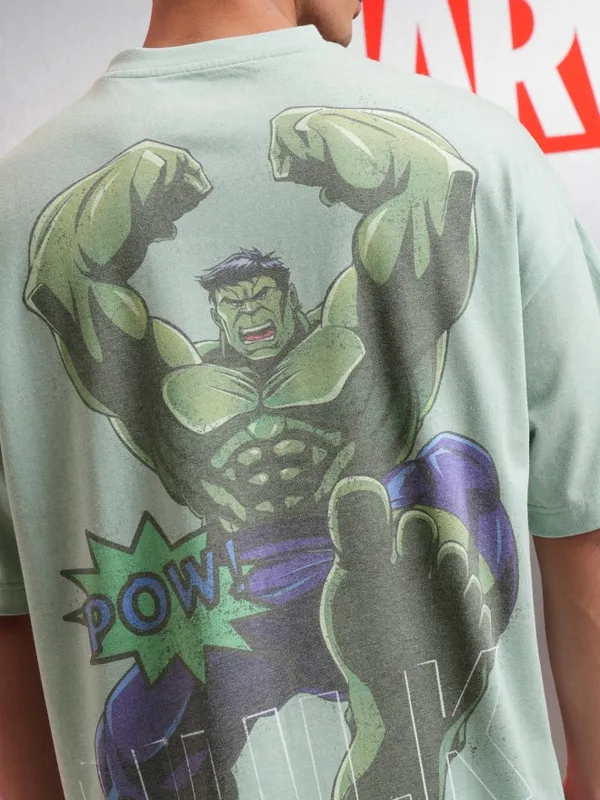 Marvel By Highlander Men Green Hulk Printed Oversized Fit T-Shirt