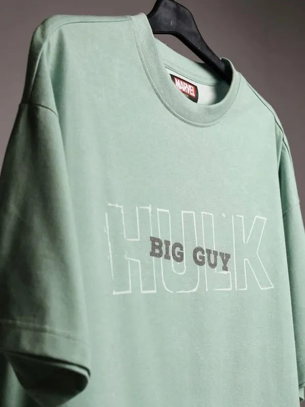 Marvel By Highlander Men Green Hulk Printed Oversized Fit T-Shirt
