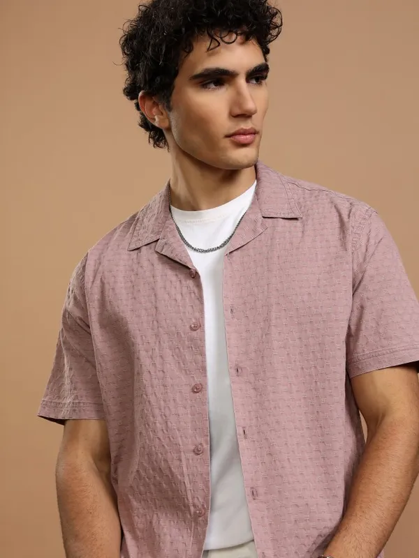 Highlander Men Maroon Self Design Relaxed Fit Casual Shirt