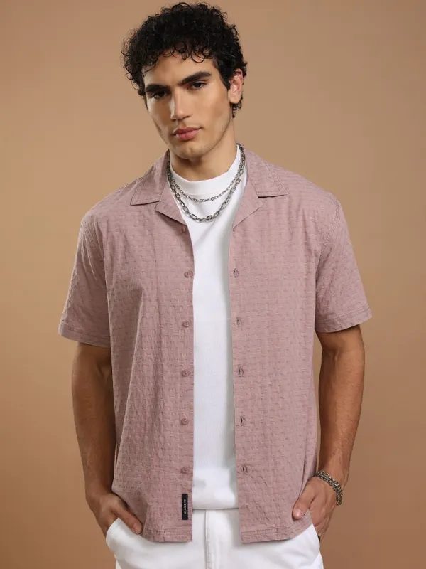 Highlander Men Maroon Self Design Relaxed Fit Casual Shirt