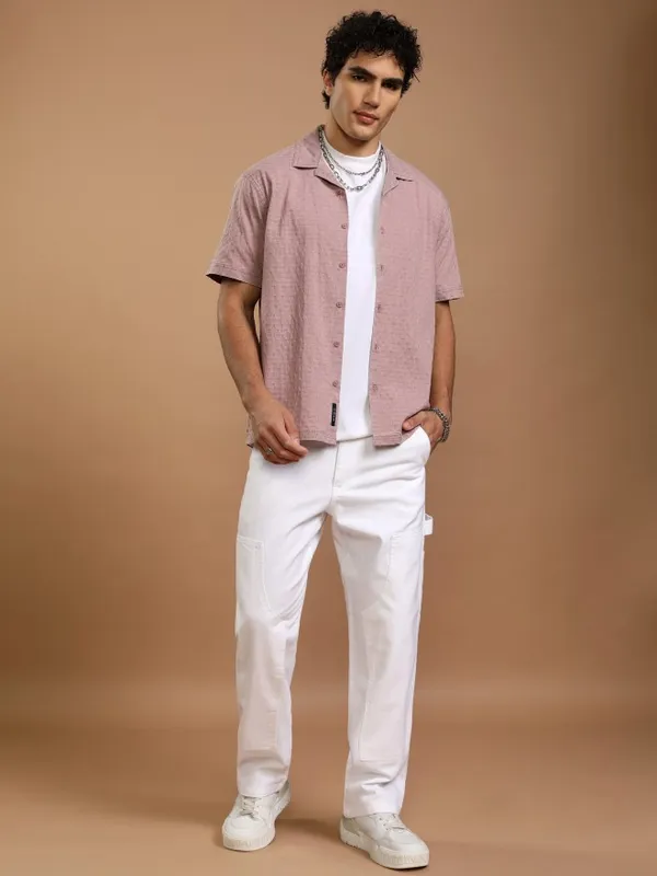 Highlander Men Maroon Self Design Relaxed Fit Casual Shirt