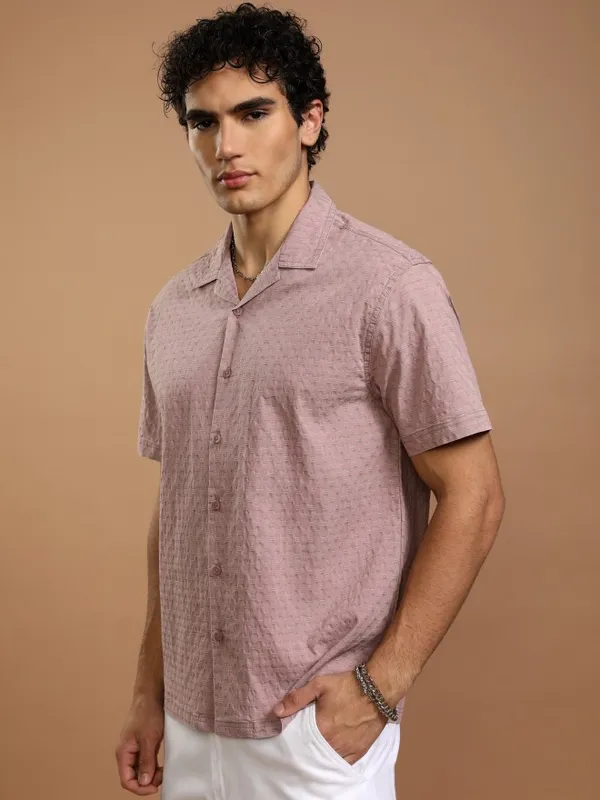 Highlander Men Maroon Self Design Relaxed Fit Casual Shirt