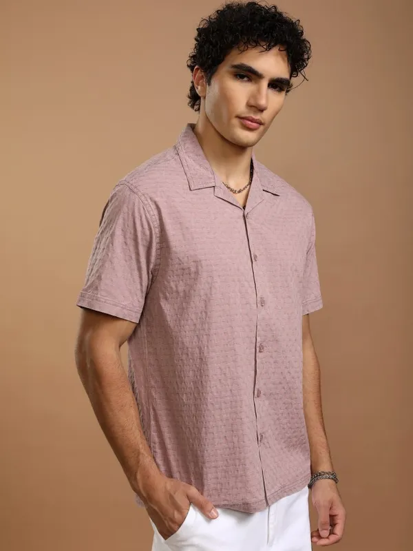 Highlander Men Maroon Self Design Relaxed Fit Casual Shirt